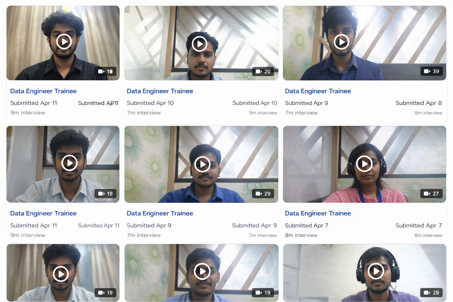 Skilldeo Video Wall — employer dashboard with AI-ranked candidate videos